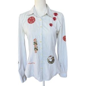 Johnny Was 3J Workshop Embroidered Pinstripe Button Down Shirt Womens Small
